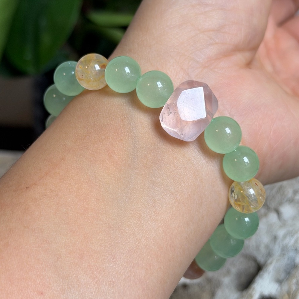 10mm stretchable rose quartz, golden healer, moonstone prehnite bracelet‎ 0911